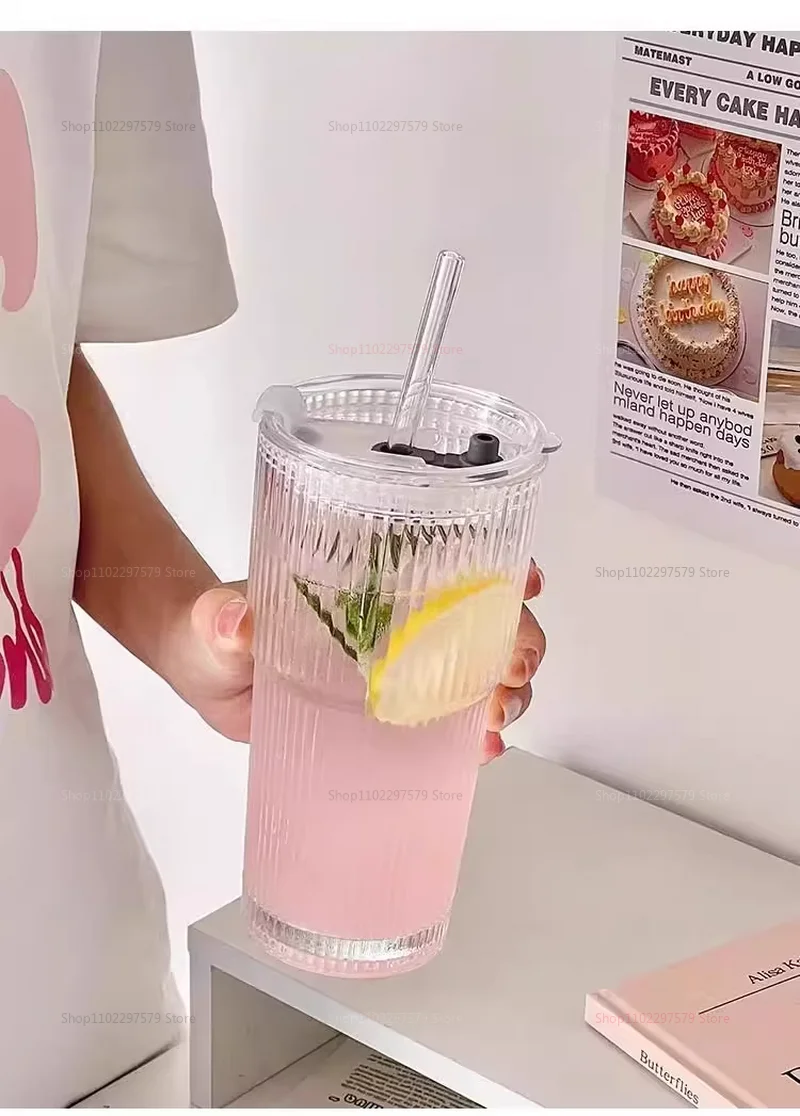 Description Picture 6 of itemHigh Capacity Cold Drink Juice Coffee Cup with Lid Straw Vertical Striped Glass Water Cup Ins Wind Durable Large Capacity