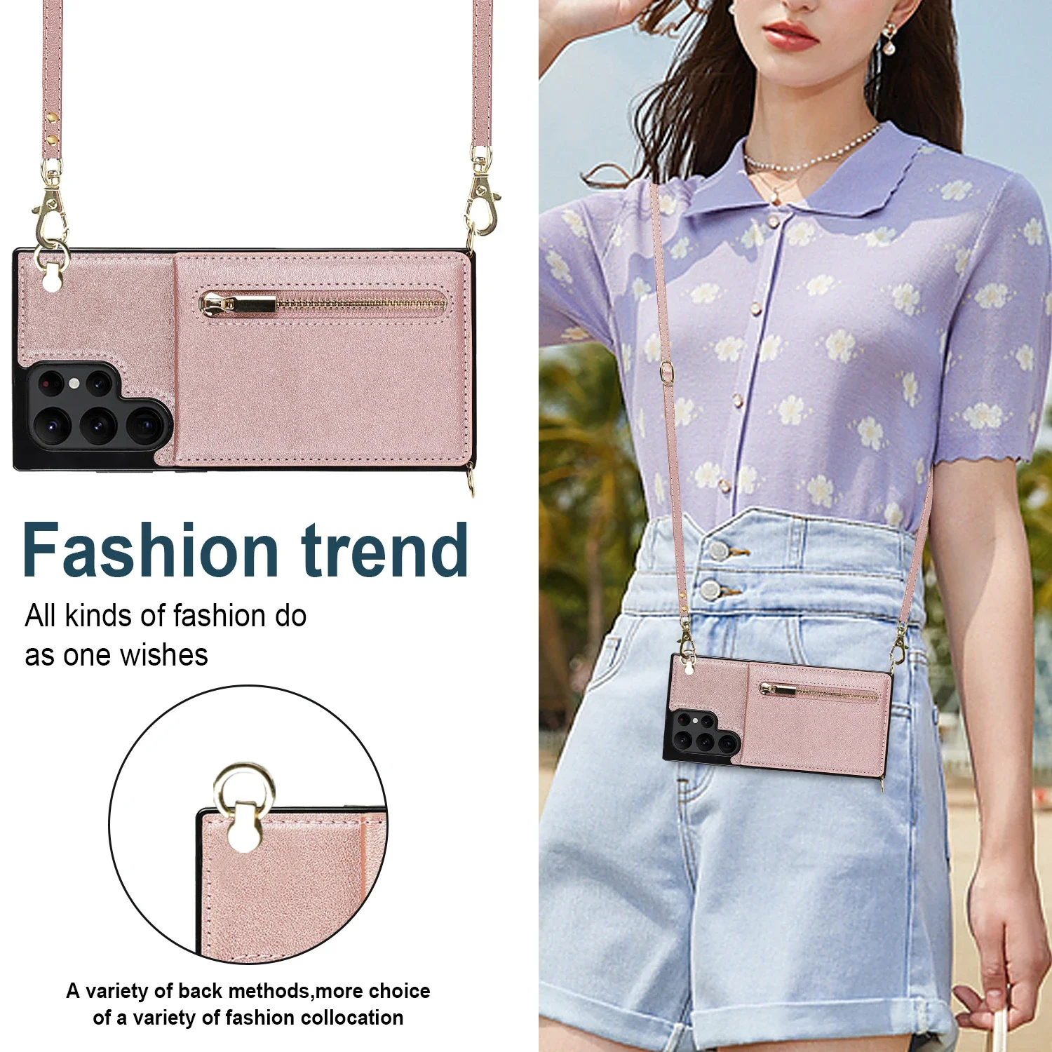 Versatile Zipper Wallet Crossbody Lanyard Case with Card Slots and Kickstand