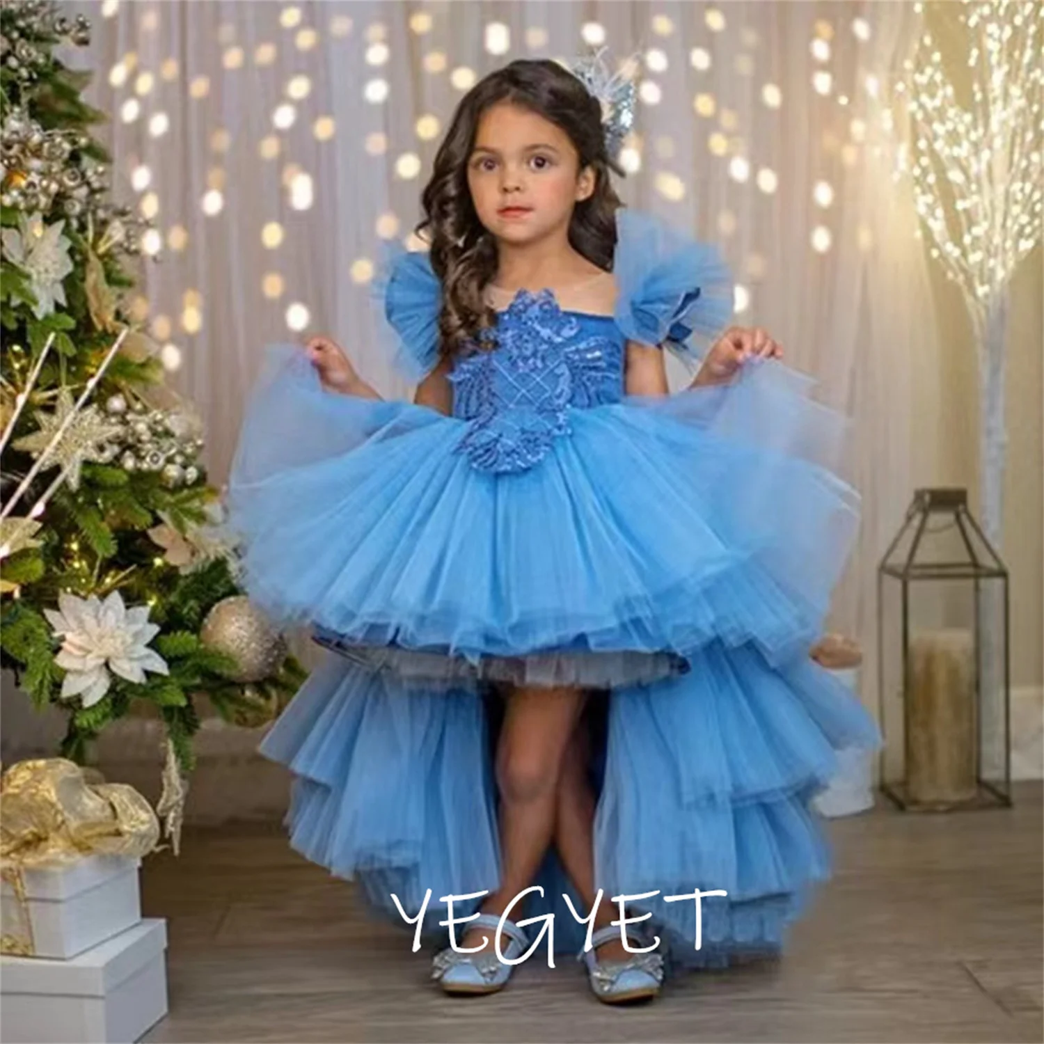 

Blue Short Sleeves Flower Girl Dresses For Weddings Tulle Appliques Party First Communion Low/High Dress Princess Ball Gown 2023