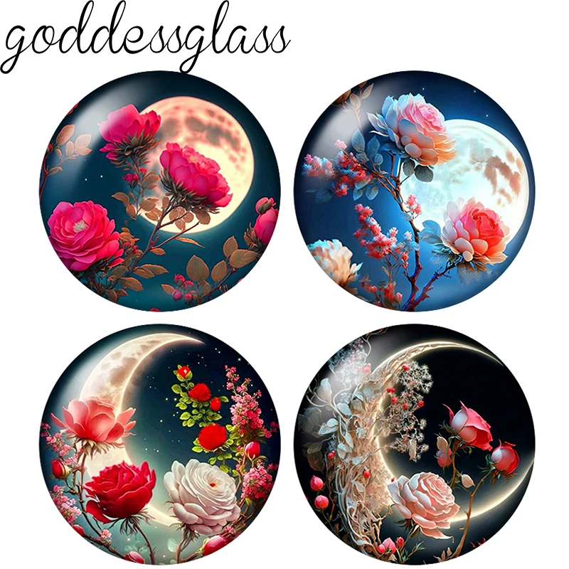 

Moon Night Flowers Rose Beauty Crescent moon 10pcs 12mm/18mm/20mm/25mm Round photo glass cabochon demo flat back Making findings