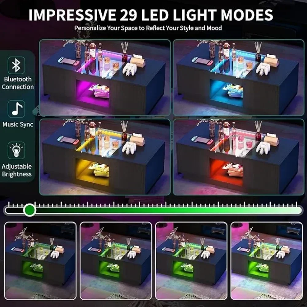 Coffee Table for Living Room,Coffee Table with Storage with LED Lights, 2 Tiers and 2 Drawers,Living Room Center Tables Black