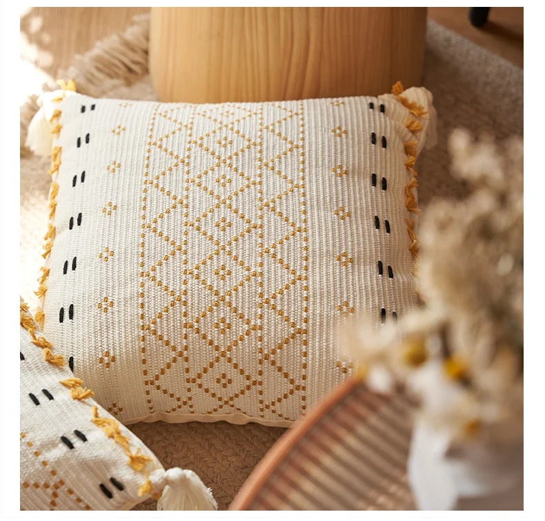 Pillow Amazon Home Ins Nordic Flower Cutting Yarn Dyed Weaving Geometric Tassel Pillow Cover North American Cushion CoverDakimak