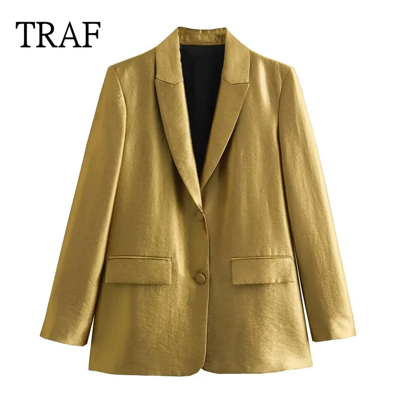 

TRAF Gold Blazer Woman 2024 Spring Fashion Single Breasted Jacket Women Clothing Elegant Blazers Pants Sets Loose Casual Blazer
