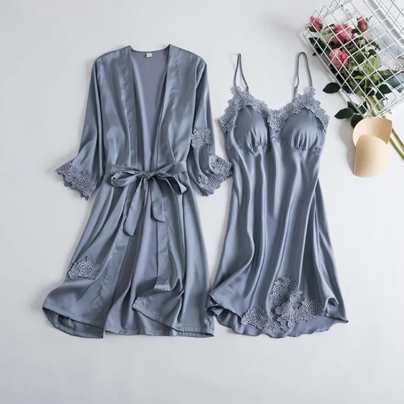 2023 Summer Autumn Pajamas Women Sexy Two Piece Ice Silk Thin Large Sleeves Pajama Dresses with Chest Pads for External Wear