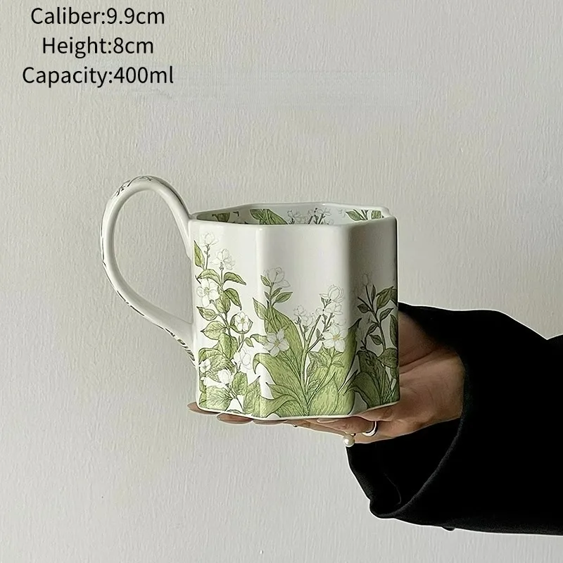 Lily of the valley Ceramic Coffee Cup, Medieval Style Mug Set, American Latte Cup Mugs, Creative Green Coffee Cups,Cafe Tools
