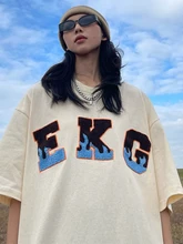 

QWEEK Harajuku Letter Embroidery T Shirts Women Korean Fashion Streetwear Short Sleeve Tshirt Tops Tees BF Kpop 2022 Summer