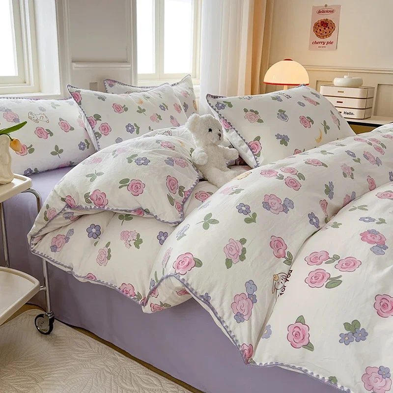 

Purple Floral Double Layer Yarn Quilt Cover Bed Sheet Pillowcase Twin Queen Size Bedding Set Girls Women Duvet Cover No Filler