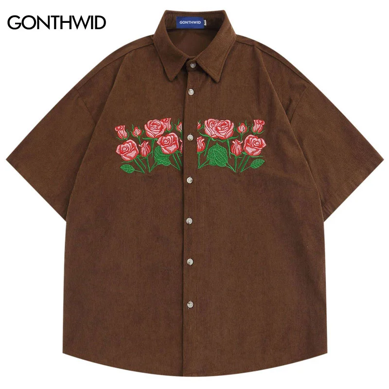 

Corduroy Shirt Harajuku Embroidery Floral Short Sleeve Shirts Men Women Summer Fashoin Casual Short Sleeve Shirt Brown Blue