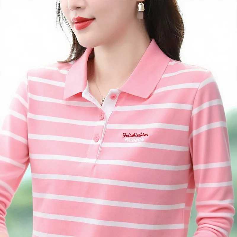 Polo a Righe alla Moda a Maniche Lunghe in Misto Cotone, Stile Versatile e Snellente per Donne di Mezza Età, Casual e Confortevole