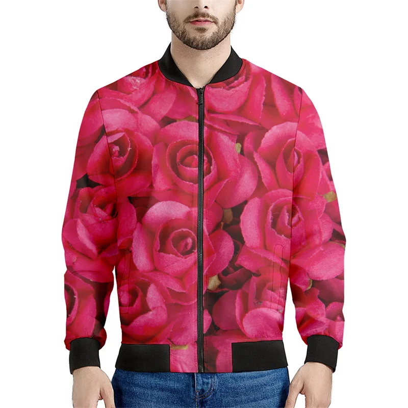 thumbnail image 1 of Chaqueta bomber con estampado 3D de flores rosas para hombre, sudadera con gráfico floral para primavera y otoño, tops para mujer, abrigo de manga larga con cremallera para calle, 1 of 4