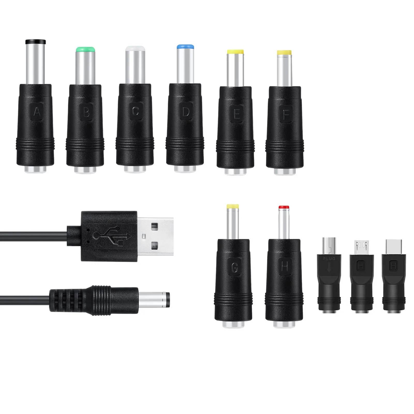 

11in1 5V USB to 5.5x2.1mm 3.5mm 4.0mm 4.8mm 6.4mm 5.5x2.5mm Type C Micro Mini USB Plug Charge Cord for Router Cellphone