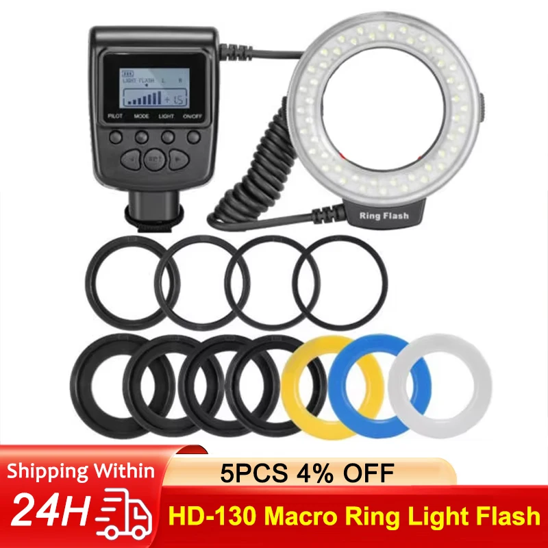 HD-130 Macro LED Ring Flash Bundle with Adapter Ring for Canon Nikon Pentax Olympus Panasonic DSLR Camera Macro Flash