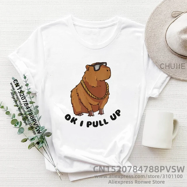 Camiseta capivara de manga curta para senhoras, desenhos animados  engraçados, fofos, casuais, animais brancos, camisa capivaras, gráfico