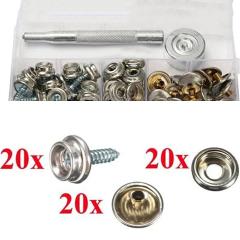 

Set Kit Stud Boat Iron Snap Fastener Copper material 15mm 5/8" 62pcs Stainless Steel Canvas Screw Press Practical