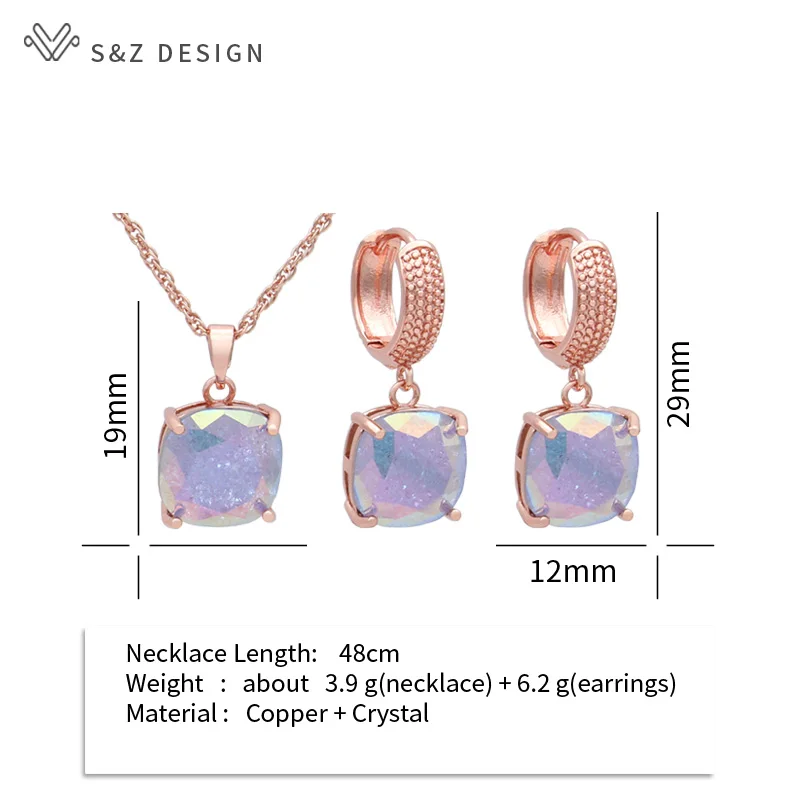 S&Z DESIGN New Fashion Square Crack Crystal Dangle Earrings Jewelry Sets For Women Wedding 585 Rose Gold Color Necklace Gift