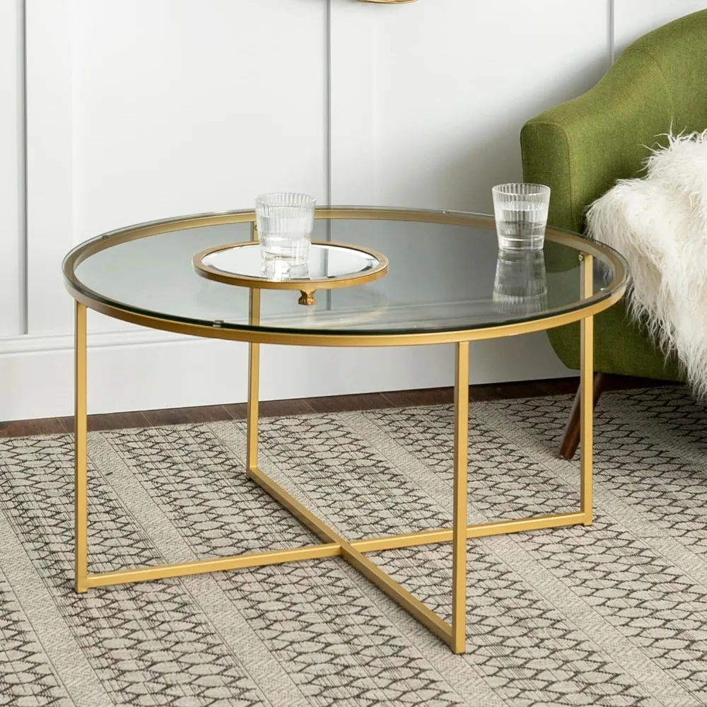 

Cora Modern Round Faux Glass Top Coffee Table with X Base, 36 Inch, Glass and Gold