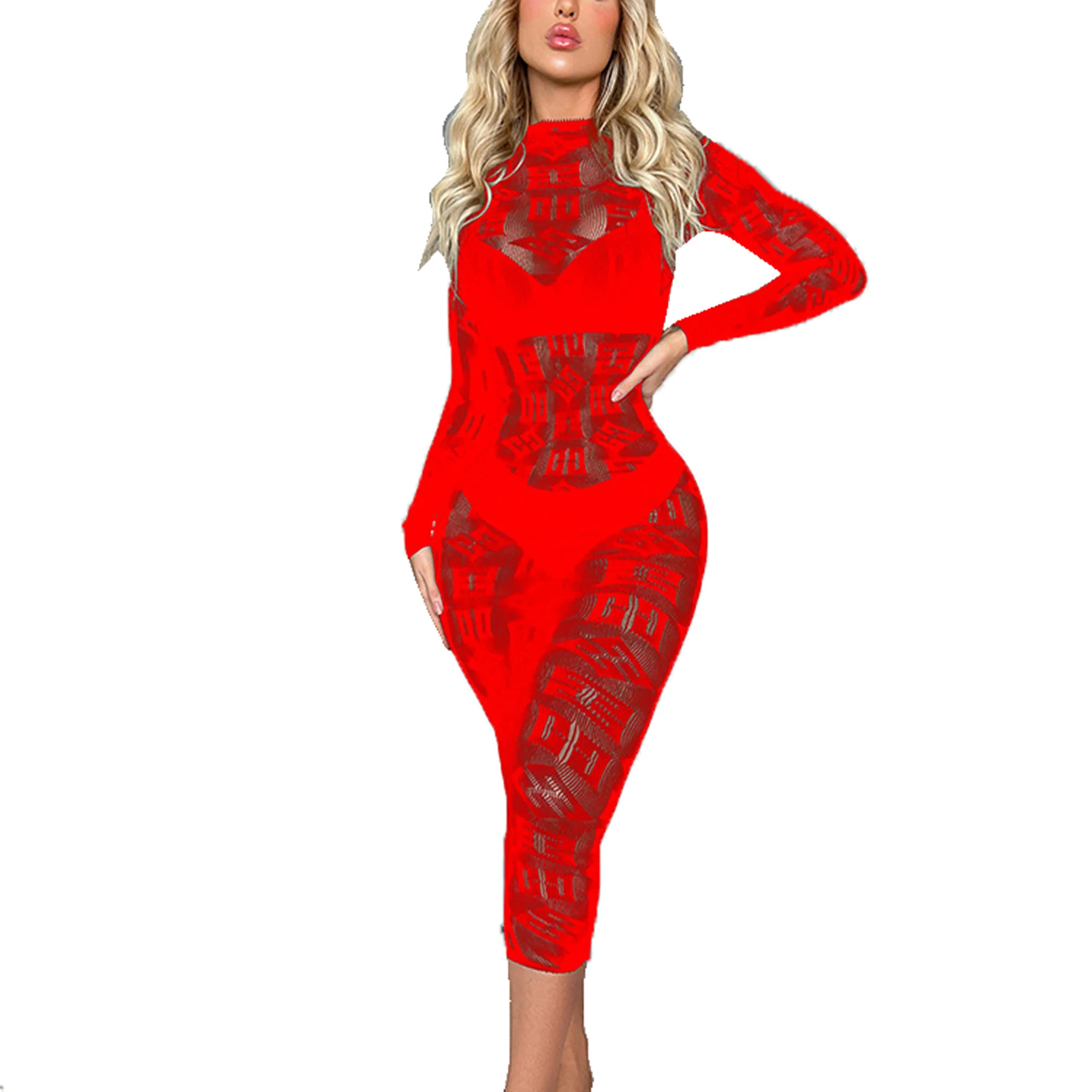 

Sexy Womens Stylish Print Sheer Mesh Stretchy Bodycon Dress See-through Long Sleeve Crew Neck Dresses Nightwear Clubwear