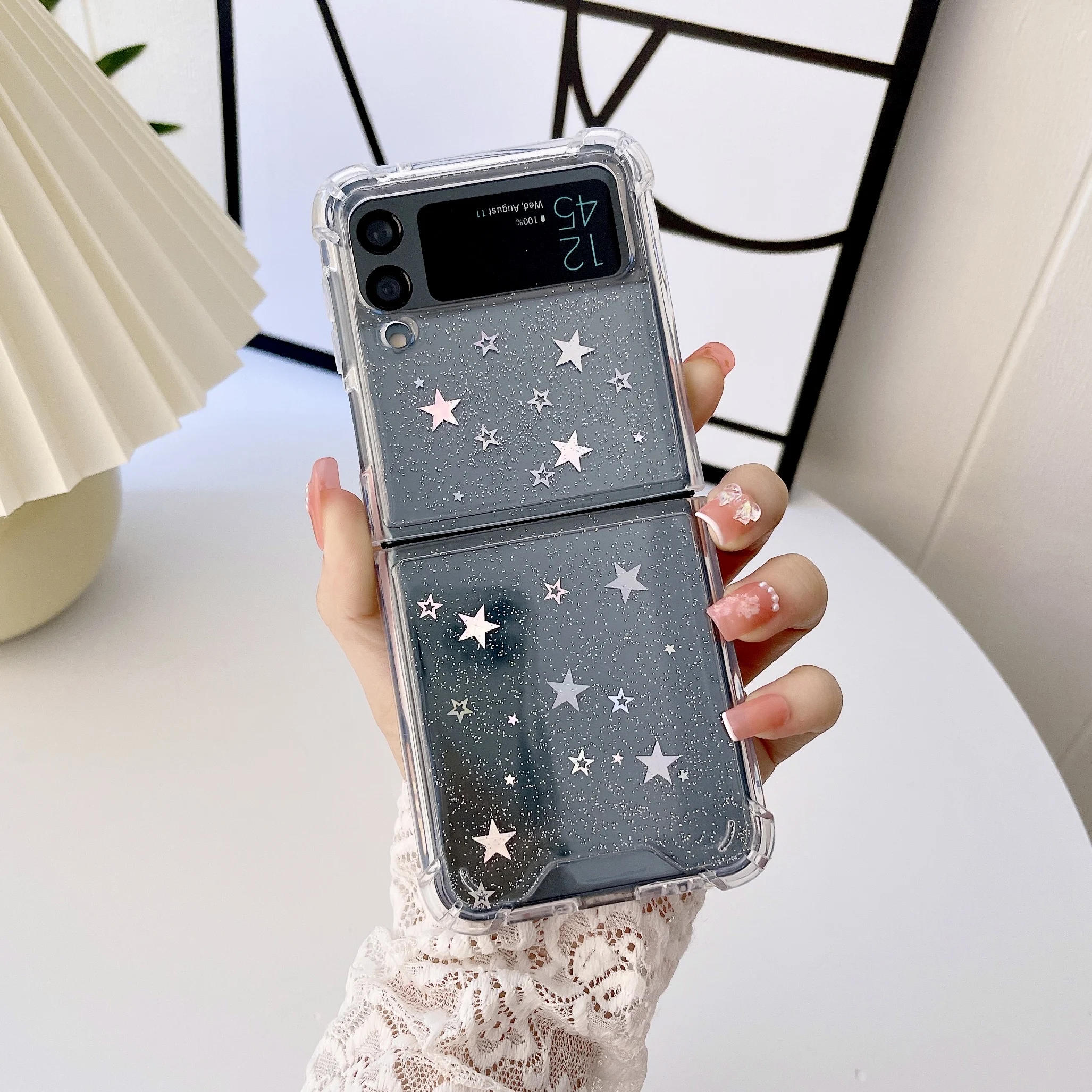 Abbery for Samsung Galaxy Z Flip 3 5G Case Clear with Design Glitter Cute  Stars Moon Sparkle TPU & PC Transparent Space Theme Women Aesthetic Case  for