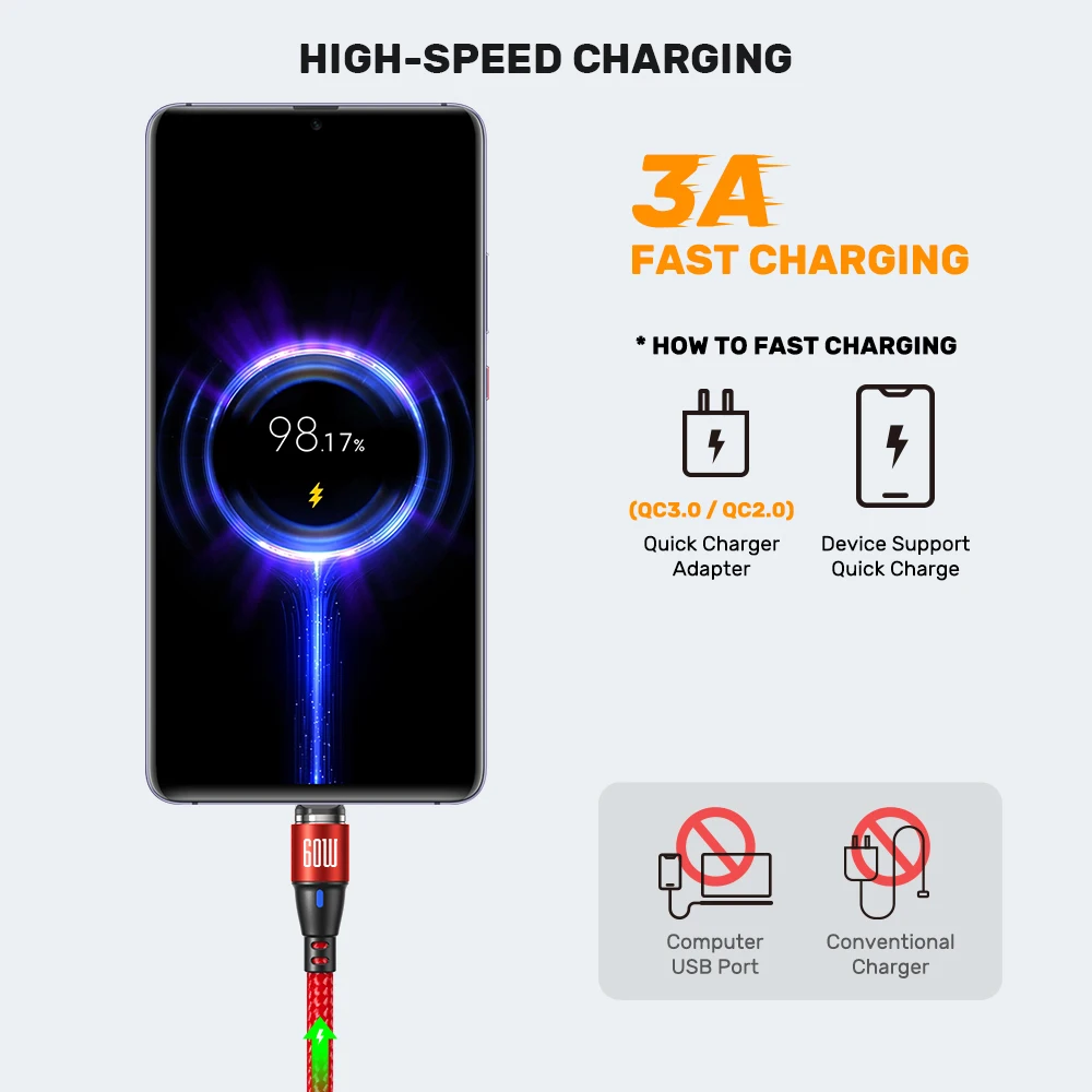 AUFU 60W Magnetic USB Cable Fast Charging USBC To Type C Micro Magnetic Data Cord For Macbook Samsung Xiaomi Magnet Charger Wire