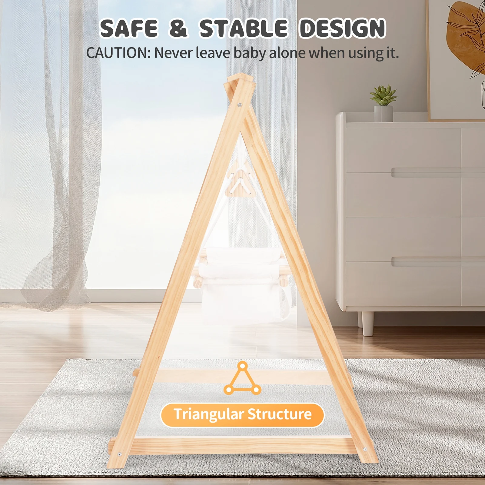 Foldable Wooden Baby Swing with Canvas Seat