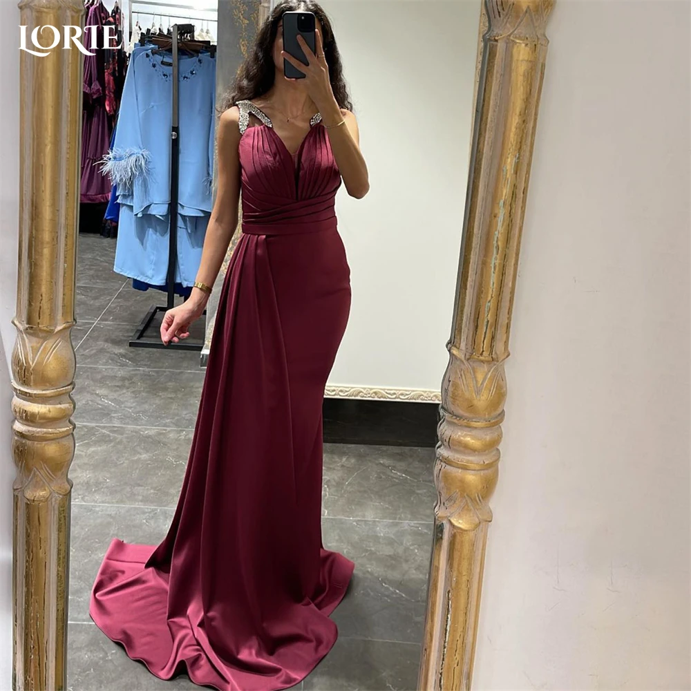 

LORIE Deep Burgundy Mermaid Evening Dresses For Wedding Glitter Pleated V-Neck Prom Dress Backless Bride Celebrity Party Gowns