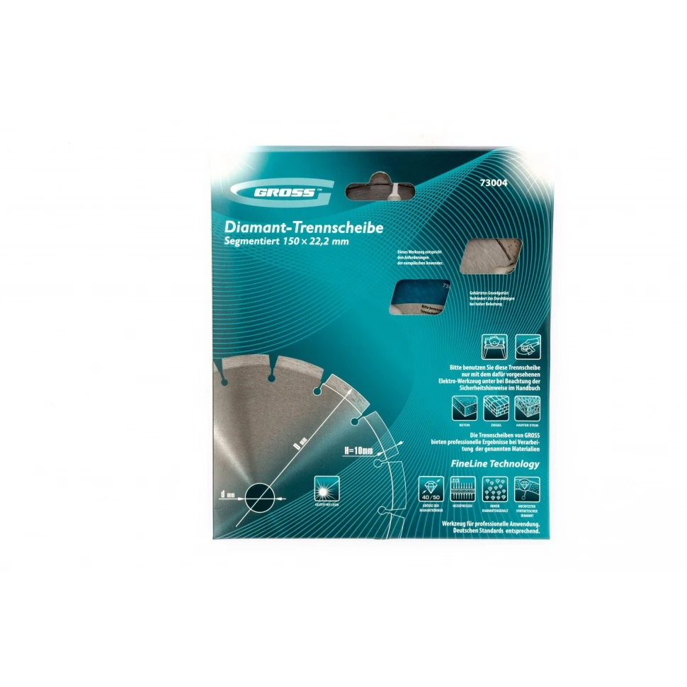 Диск алмазный GROSS 73004 (диаметр 150 мм; алмазный слой 10 мм; до 12000 об/мин; для сухой резки; сегментированный)