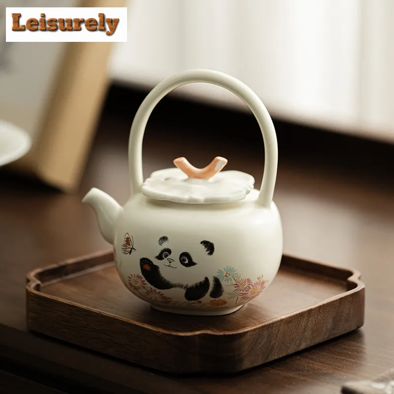 176ML Cream Ding Kiln Panda Play Butterfly Lifting Beam Teapot Handmade Tea Infuser Pot Tea Making Kettle With Filter Ornaments