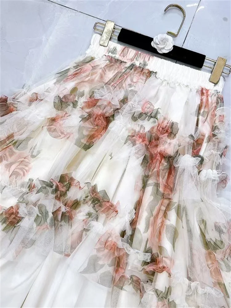 French Style Holiday Ruffle Irregular Midi Long Party Skirt Ball Gown Multi Layer Mesh Fashion Gauze Tutu Elegant Vintage Skirts