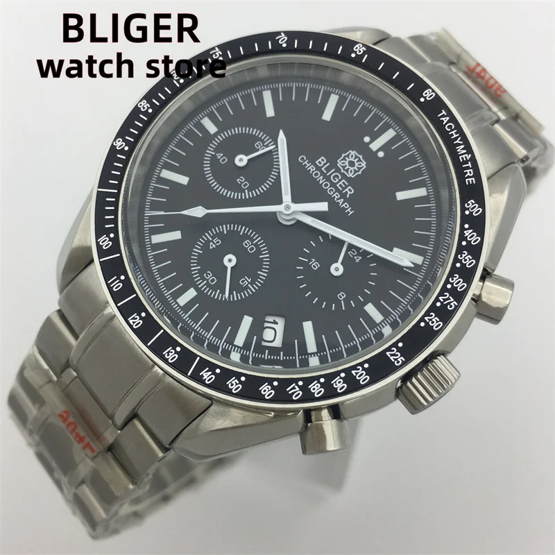 BLIGER Fashion 40mm quartz chronograph Business Sapphire Crystal Men's Watch VK63 Movement Date luminous dial steel strap