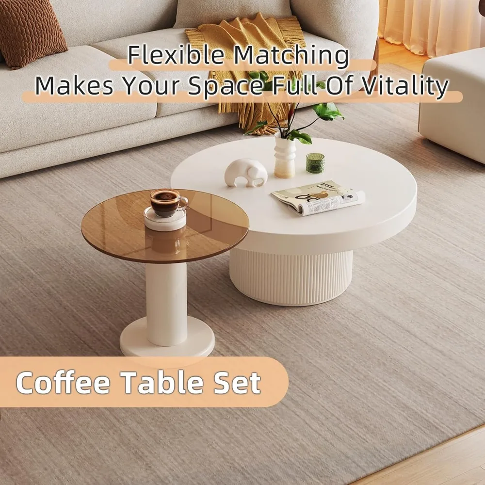 2-Pieces Modern Coffee Tables Set - Round Cream White Coffee Table & Small End Table for Living Room 6