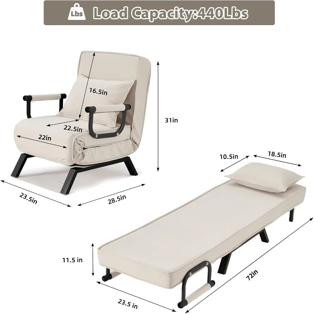 Convertible Single Person Sofa Bed with Adjustable Chaise Lounge and Folding Armchair, featuring Pillow and 5 Settings