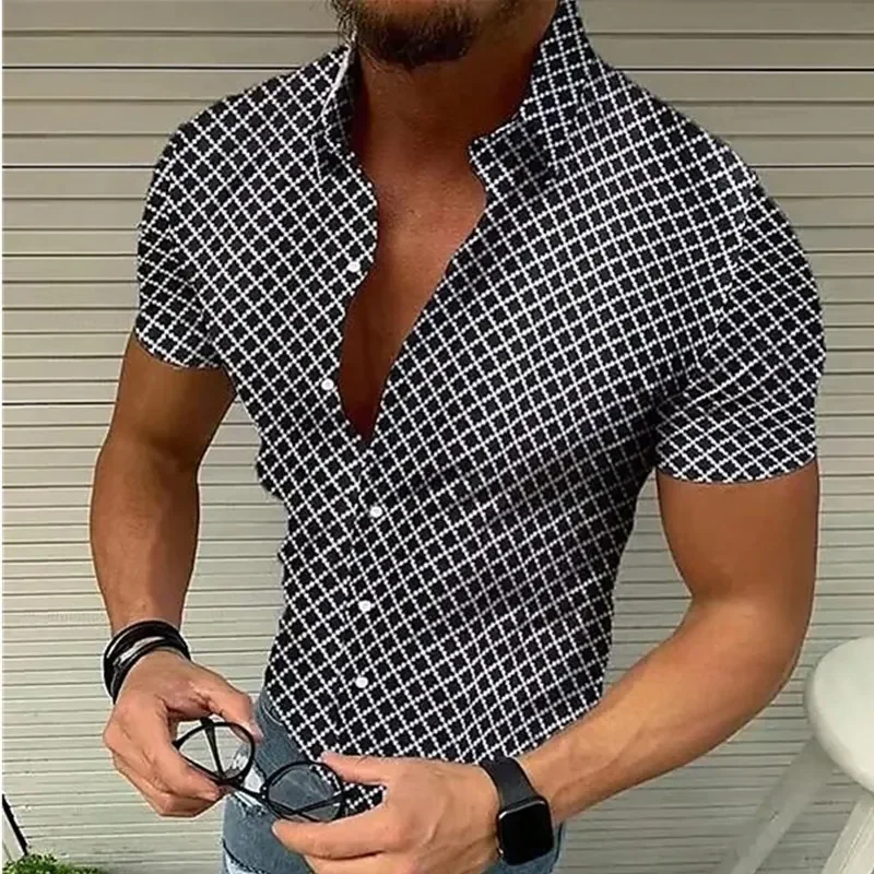 

Summer New Men's Plaid Short-sleeved Shirt Europe and The United States Casual Fashion Big Yards Lapel Blouse Men Clothing