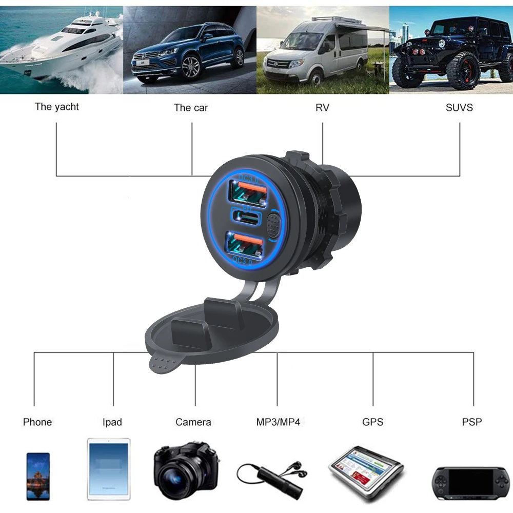  QC 3.0 USB  PD CŸ Ʈ  ڵ , ġ ġ , ڵ Ʈ ؾ RV , 68W, 12-24V