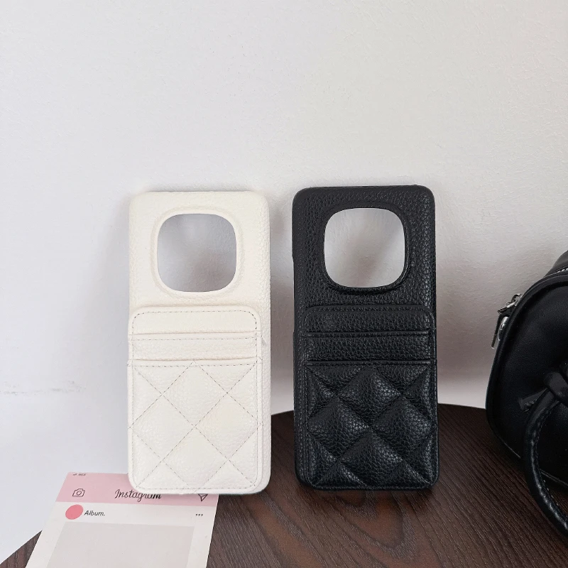 Lingge Leather Card Slot Wallet Phone Case - Solid Color Design