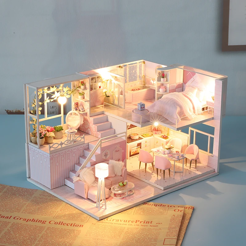 DIY Wooden Doll Houses Princess Casa Miniature Building Kits with Furniture Led Dollhouse for Girls Birthday Gifts 4