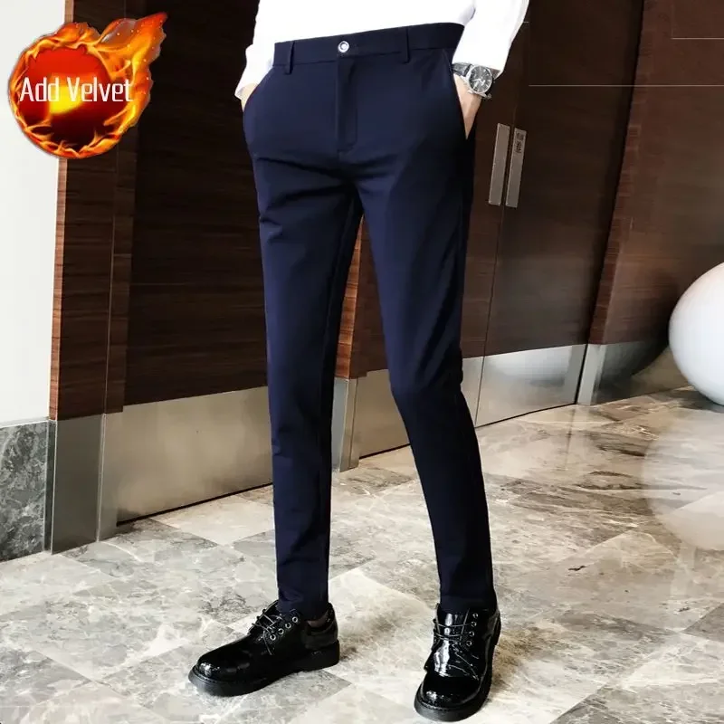 Pantalones trenzados para hombre, para trabajo, drapeados, negros, 9, recortados, elásticos, fluidos, para hombre, pantalones de vestir, ajustados y elásticos para oficina, nuevos en licra