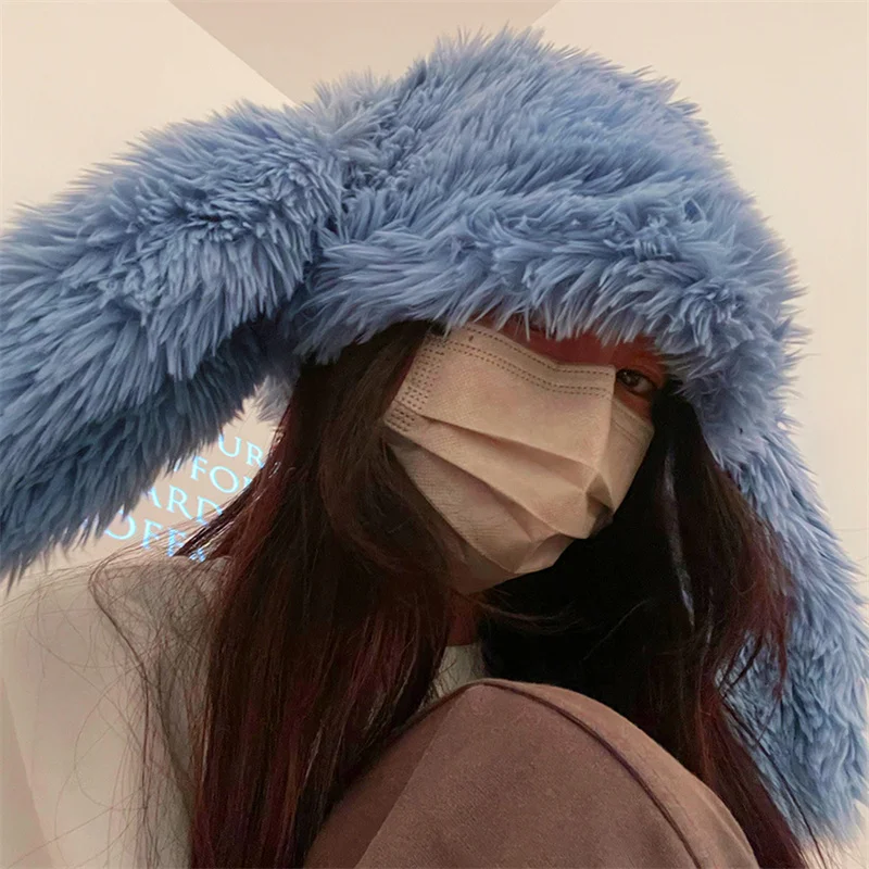 

New Rabbit Ears Beanies Korea Ins Niche Cute Rose Red Plush Pullover Cap Winter Warm Keeping Funny Photography Women's Hats