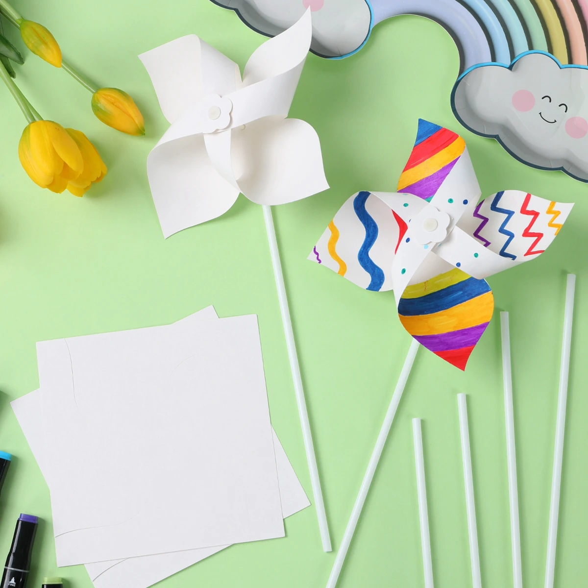 KICHOUSE 10 Stück Windmühlen Bastelset - Weiße DIY Windräder Zum Bemalen Für Kinder