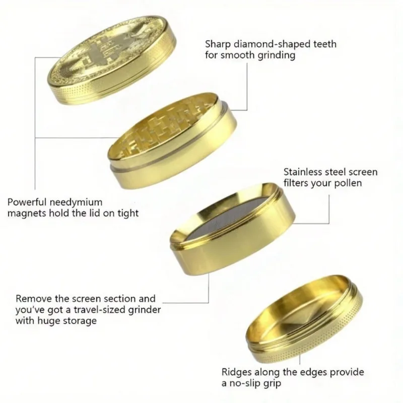 2.48 Inch Bitcoin Herb Grinder 4-layer Manual Tobacco Grinder Zinc Alloy Mortar Cigarette Cigar Grass Mills Smoking Accessories