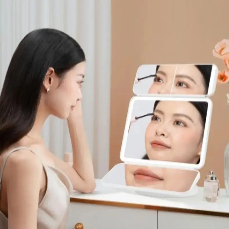 Makeup Mirror Trifold Makeup Mirror LED Lights Dorm Dressing Mirror Beauty Light up Fill light with Smart Complementary Makeup Tri makeup mirror