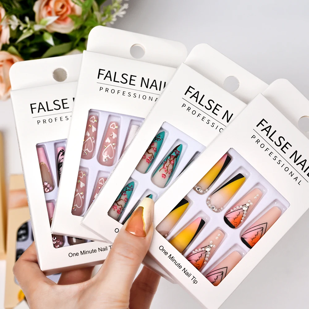

24pcs Long Ballerina French False Nails Almond/Ballet Finished Wearable Thread Fake Nail Press on Nails Full Cover Nail Tips #TD