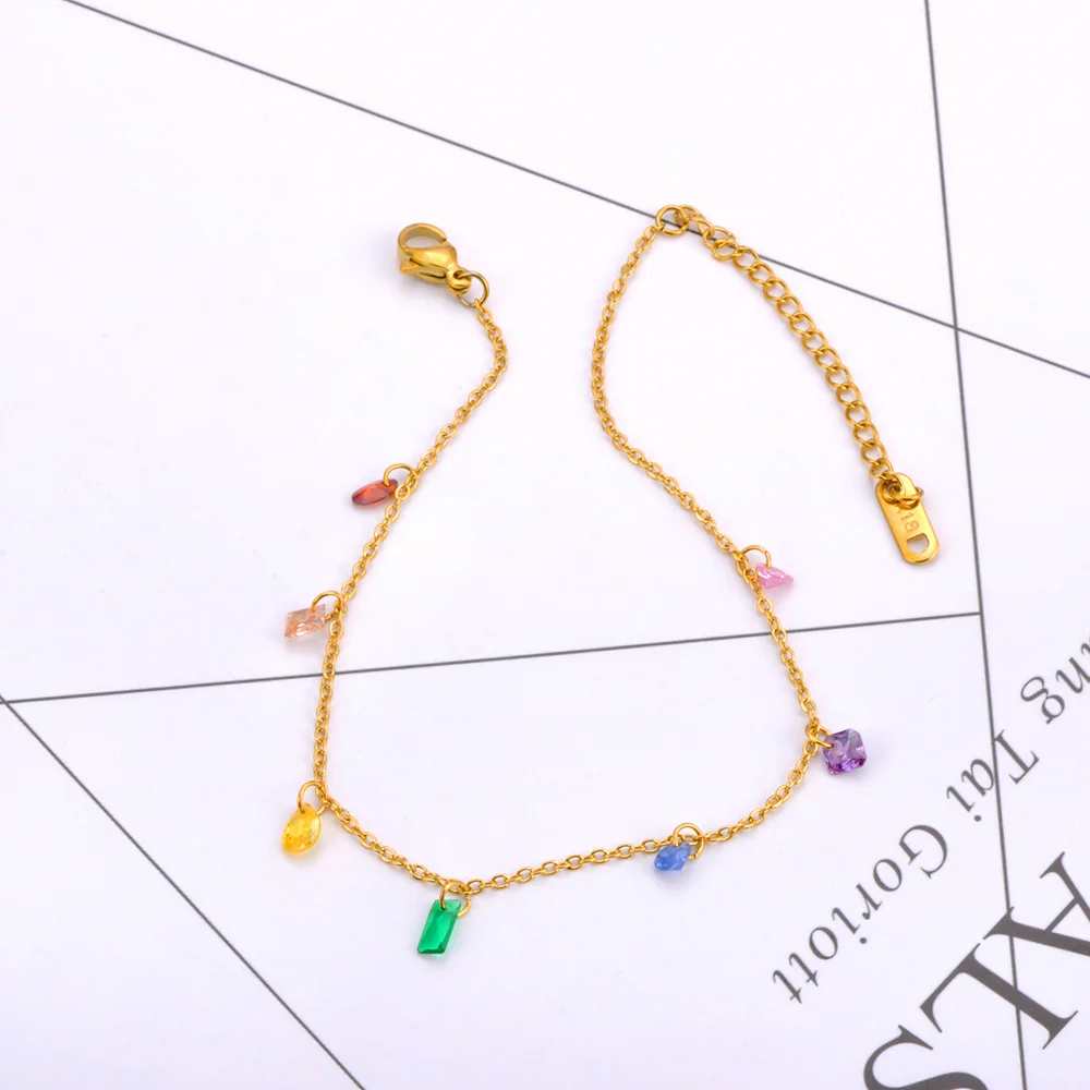 Women Anklet Fashion Colorful Cubic Zirconia Stainless Steel Anklet For Women Waterproof Gold Color Chain Zircon Trendy Jewelry A24003