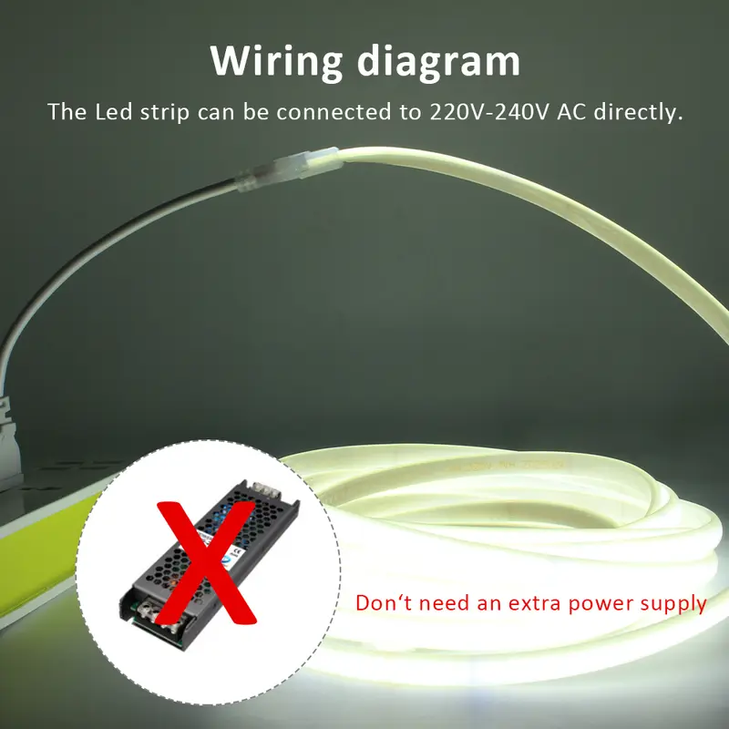 AC220V COB LED Strip Light IP67 Waterproof Flexible Ribbon 2Pin Wire/EU Plug Tape Lamp 3000K/4000K/6000K Outdoor Linear Lighting - Image 6