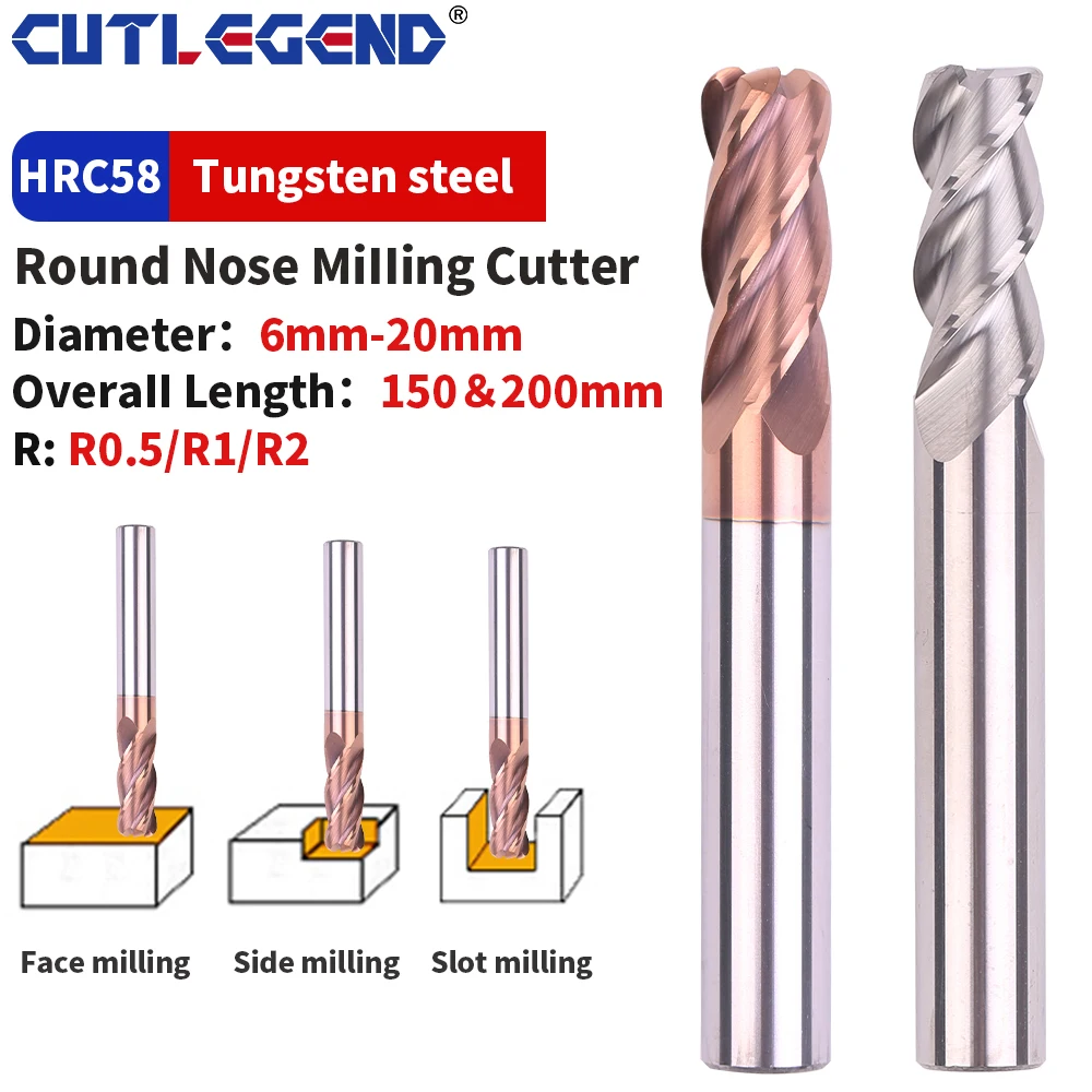 

Corner Radius End Mill R Bullnose CNC Tungsten Carbide Steel Cutter Surface Machining Metal Router Tool 150mm 200mm Length R0.5