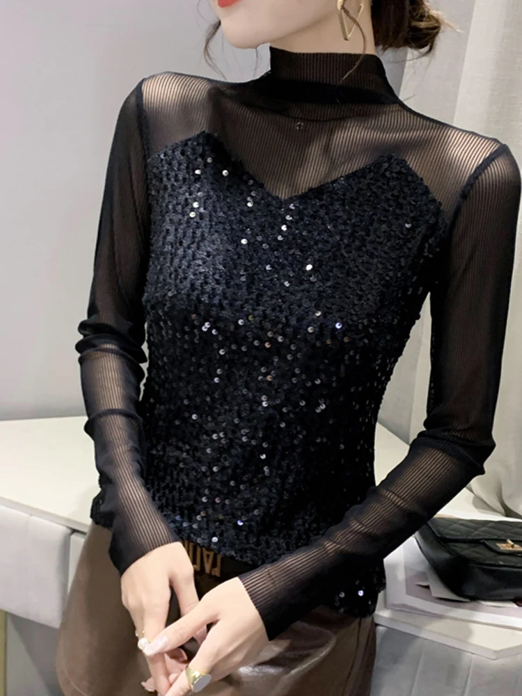 Nightclub Sle Me Splice Long Sve T-irt Women's Slim Fit iny Sequins Trendy Top Sexy Base irt Autumn Faion