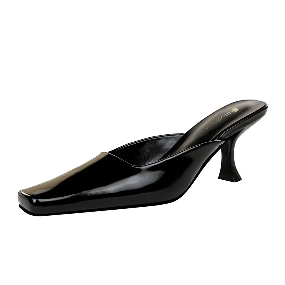 ZOOKERLIN Summer Square Toe Stiletto Solid Color PU Leather Women's Slippers Slip On Slides Simple Outdoor High Heels Women Pump