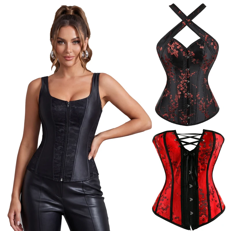 Vintage-Inspired Floral Gothic Corset Top with Halter Straps in Black and Red