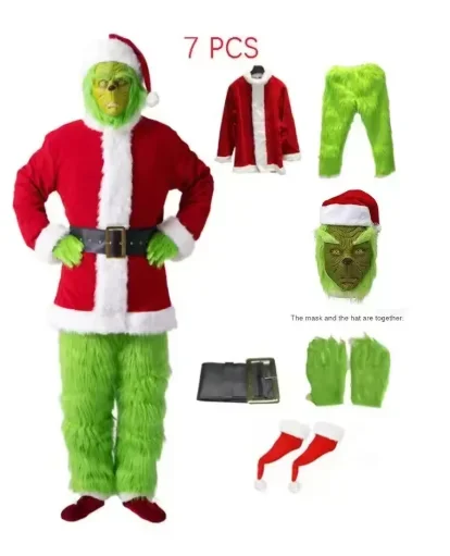 2025 Halloween Santa Claus Costume Set Green Furry Clothes Xmas Halloween Party Performance Outfit Props Tops Pants Socks Bel