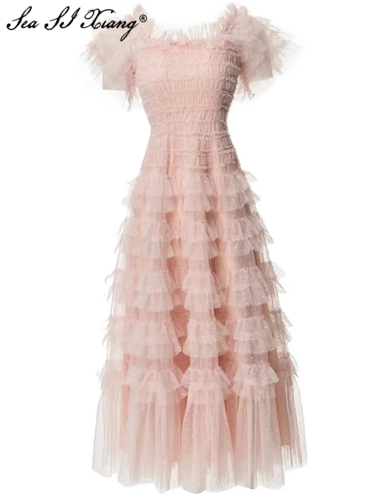 

Женское Сетчатое платье в горошек Seasixiang, летнее винтажное дизайнерское платье с квадратным вырезом, коротким рукавом и каскадными оборками