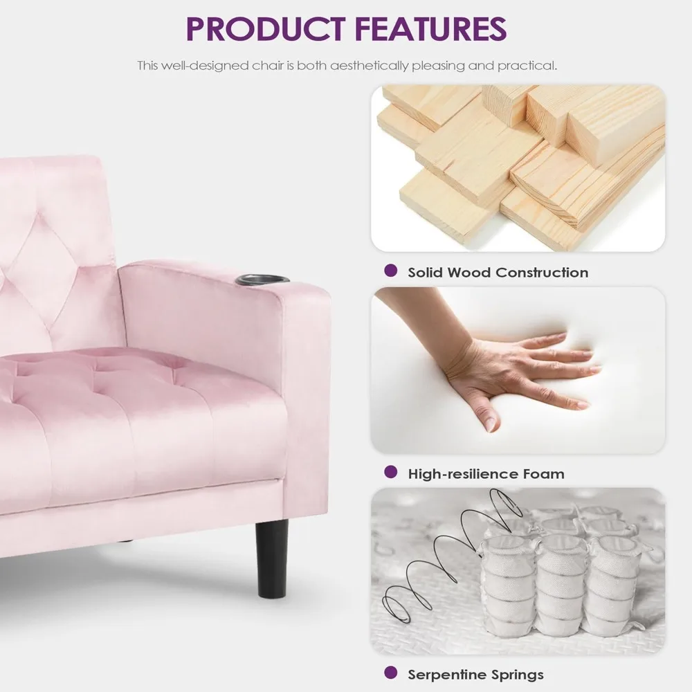 Mid-Century Modern Pink Velvet Loveseat Sofa Set with USB Ports and Cupholders, 3-Piece Living Room Furniture, Ideal for Small S 5